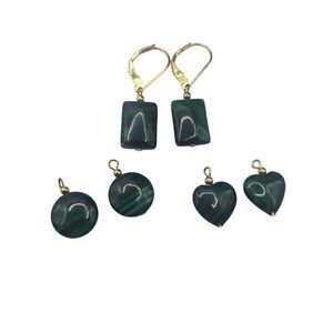 Vintage Malachite Green Earrings Gold Tone Drop Interchangeable 3 Shapes